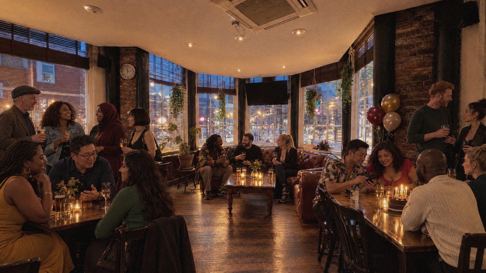 The Snug in full swing, friends dancing between the Chesterfields and the bay windows