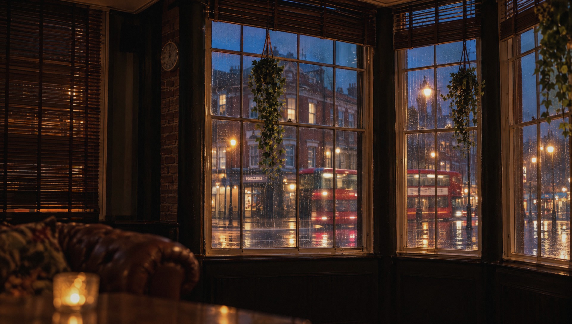 Junction Road at dusk through the bay windows, a bus passing in the rain